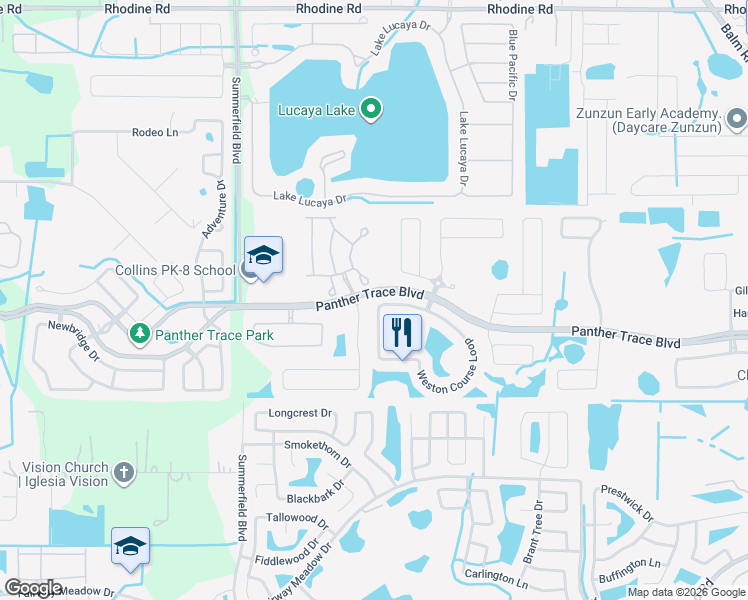 map of restaurants, bars, coffee shops, grocery stores, and more near 11429 Weston Course Loop in Riverview