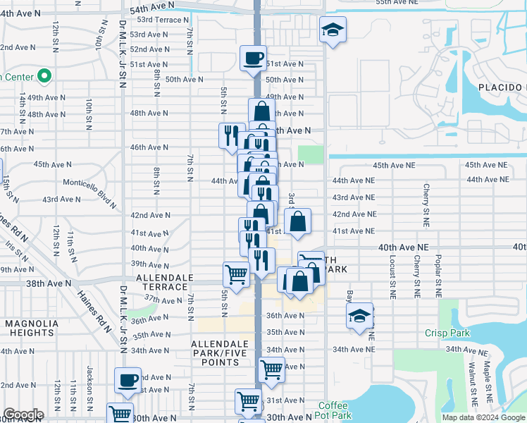 map of restaurants, bars, coffee shops, grocery stores, and more near 4125 4th Street North in St. Petersburg