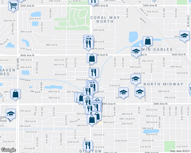 map of restaurants, bars, coffee shops, grocery stores, and more near 4201 49th Street North in St. Petersburg