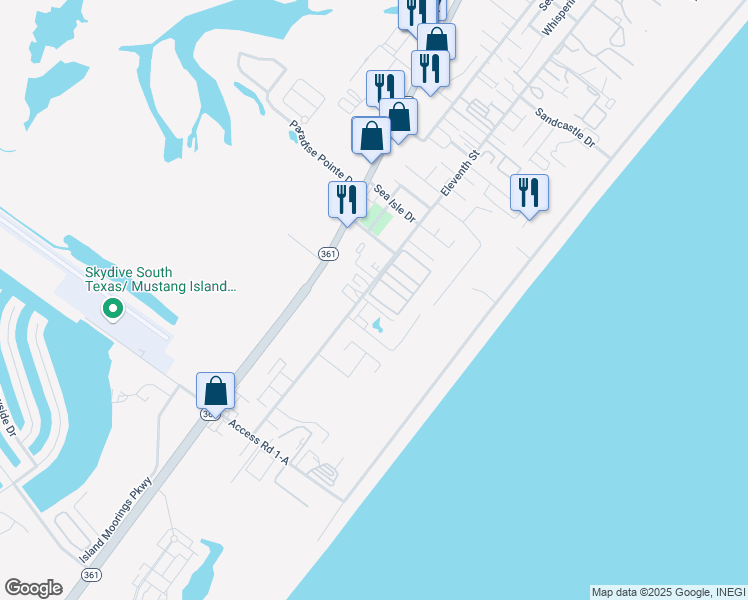 map of restaurants, bars, coffee shops, grocery stores, and more near 2725 Eleventh Street in Port Aransas