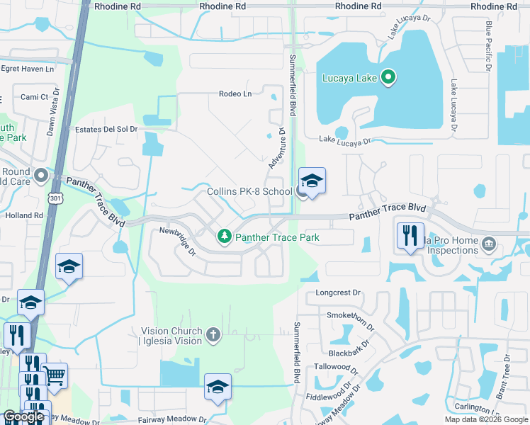 map of restaurants, bars, coffee shops, grocery stores, and more near 12447 Adventure Drive in Riverview