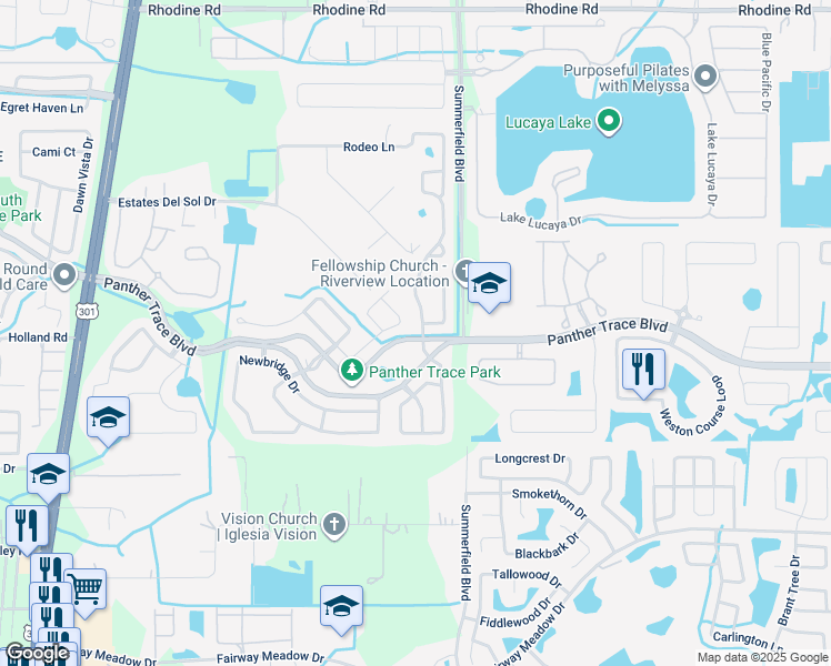 map of restaurants, bars, coffee shops, grocery stores, and more near 12447 Adventure Drive in Riverview