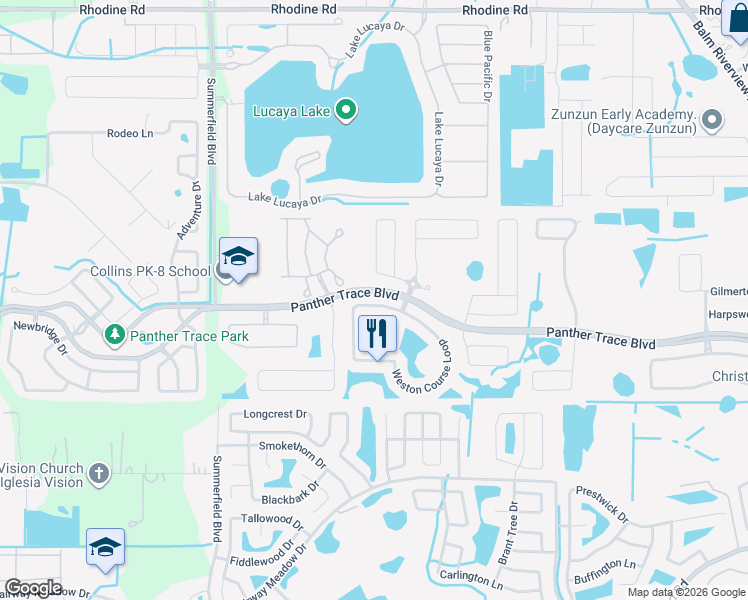 map of restaurants, bars, coffee shops, grocery stores, and more near 11417 Weston Course Loop in Riverview
