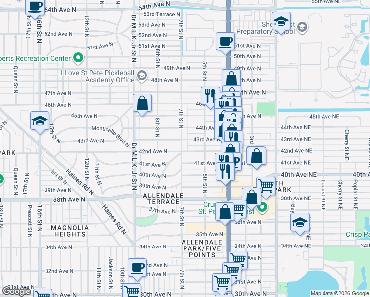 map of restaurants, bars, coffee shops, grocery stores, and more near 4151 7th Street North in St. Petersburg