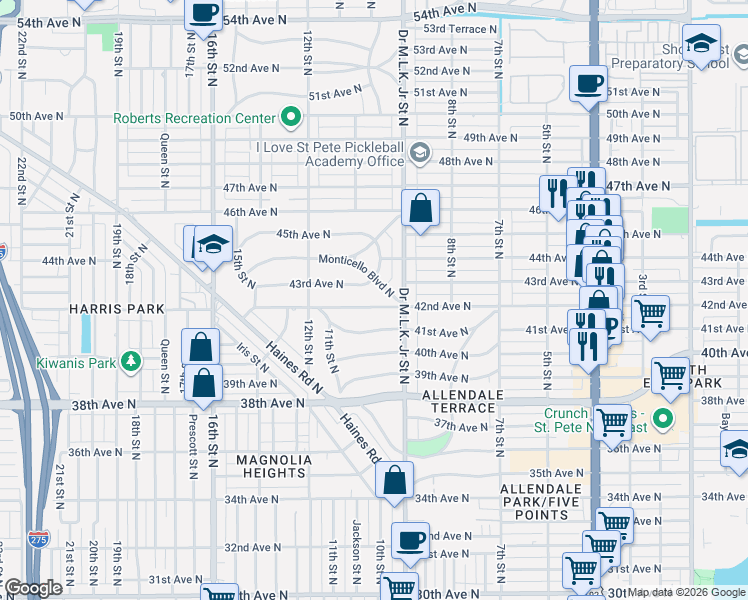 map of restaurants, bars, coffee shops, grocery stores, and more near 935 42nd Avenue North in St. Petersburg