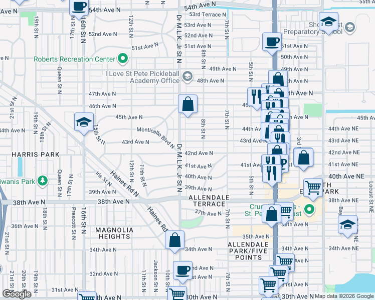 map of restaurants, bars, coffee shops, grocery stores, and more near 850 42nd Avenue North in St. Petersburg
