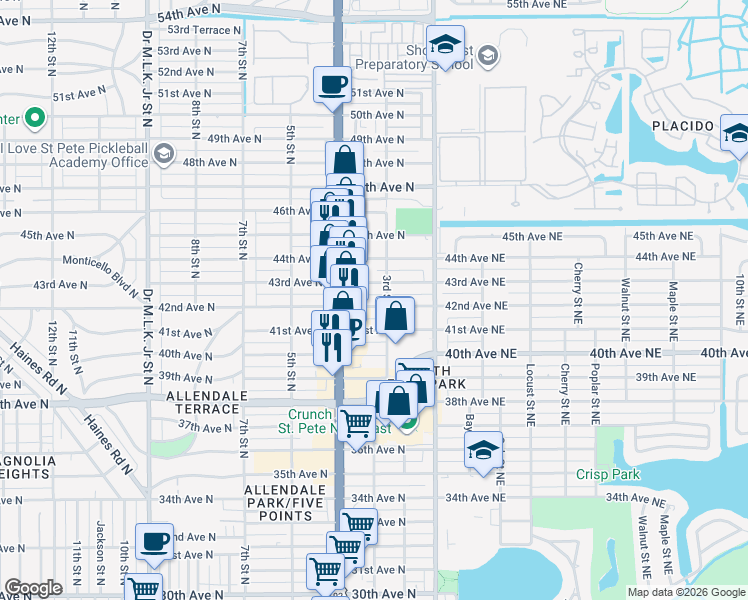 map of restaurants, bars, coffee shops, grocery stores, and more near 4175 3rd Street North in St. Petersburg