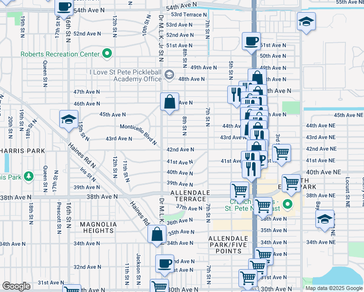 map of restaurants, bars, coffee shops, grocery stores, and more near 850 42nd Avenue North in St. Petersburg