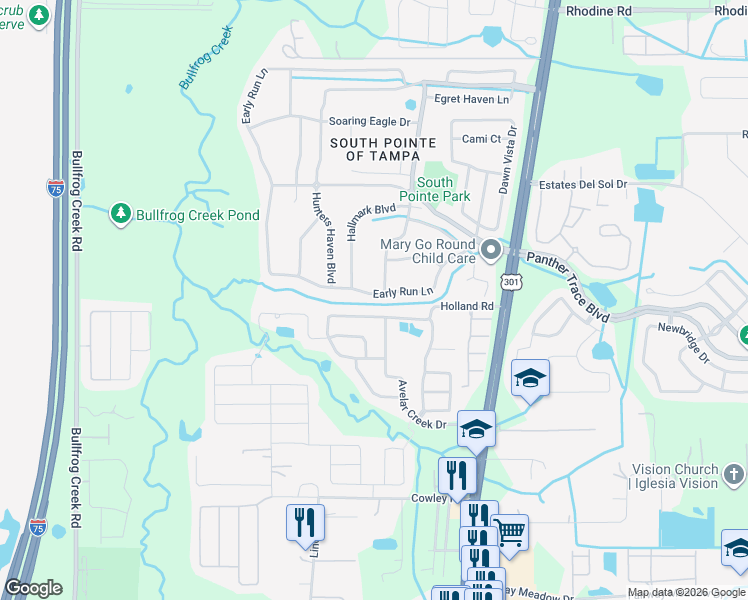 map of restaurants, bars, coffee shops, grocery stores, and more near 12708 Early Run Lane in Riverview