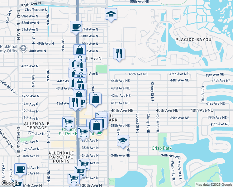 map of restaurants, bars, coffee shops, grocery stores, and more near 132 42nd Avenue North in St. Petersburg