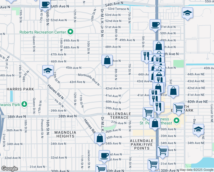map of restaurants, bars, coffee shops, grocery stores, and more near 850 42nd Avenue North in St. Petersburg