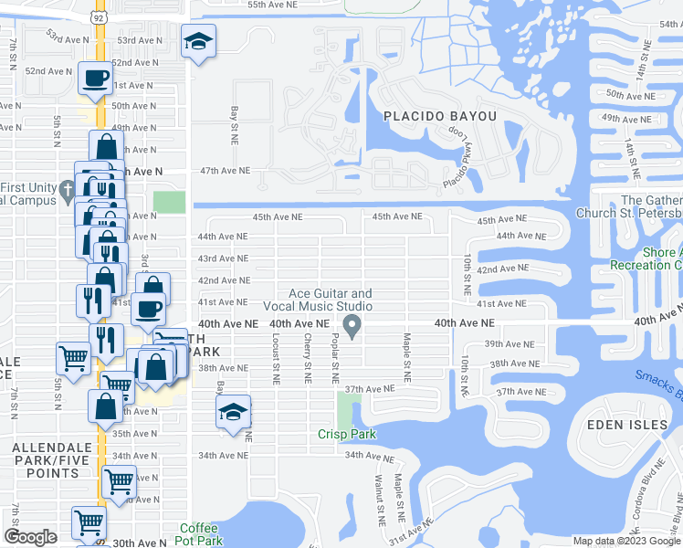 map of restaurants, bars, coffee shops, grocery stores, and more near 590 42nd Avenue Northeast in St. Petersburg