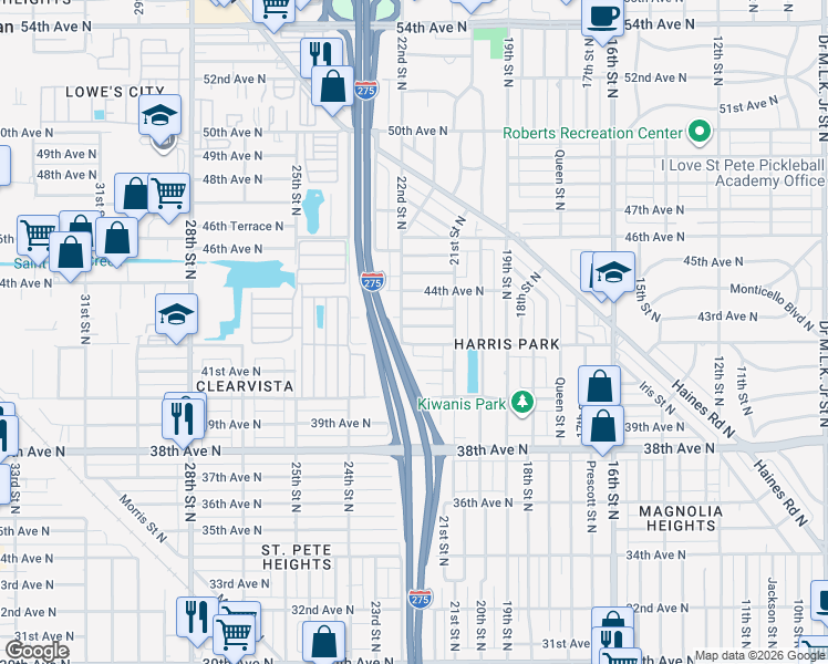 map of restaurants, bars, coffee shops, grocery stores, and more near 2140 42nd Avenue North in St. Petersburg