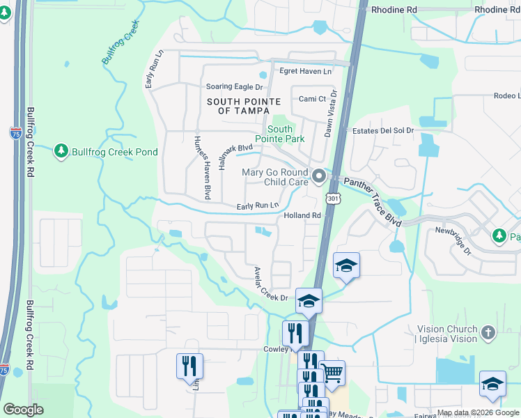 map of restaurants, bars, coffee shops, grocery stores, and more near 12630 Early Run Lane in Riverview