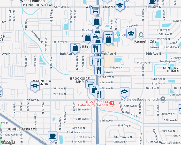 map of restaurants, bars, coffee shops, grocery stores, and more near 4150 Florida 693 in St. Petersburg