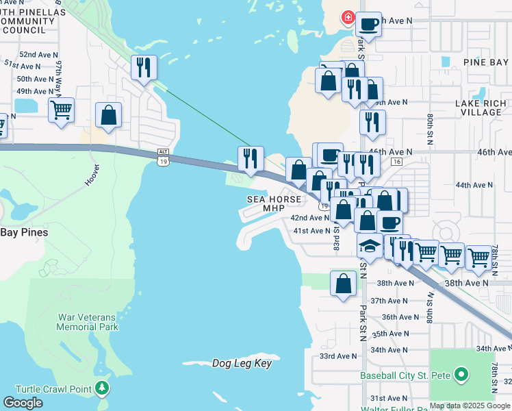 map of restaurants, bars, coffee shops, grocery stores, and more near 8834 43rd Avenue North in St. Petersburg