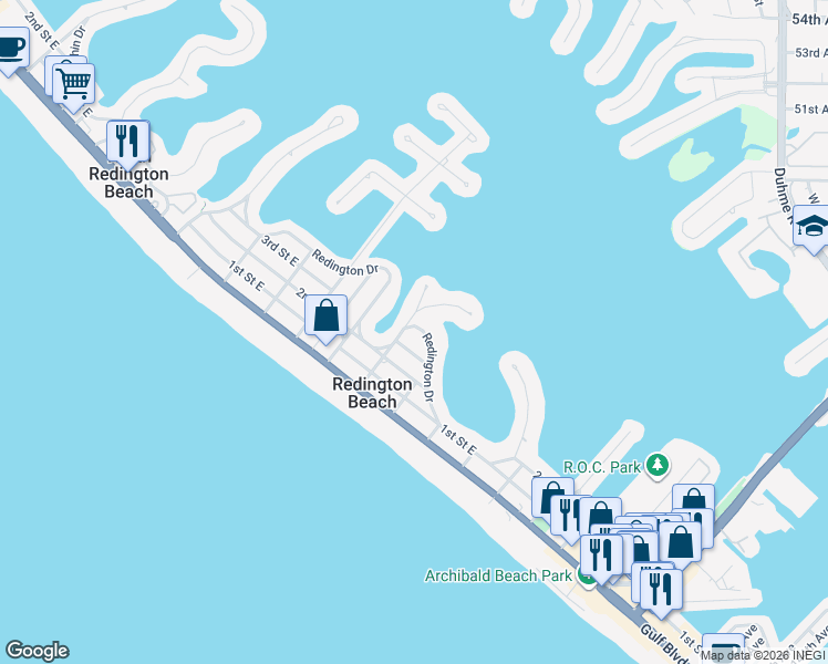 map of restaurants, bars, coffee shops, grocery stores, and more near 15822 Redington Drive in Redington Beach