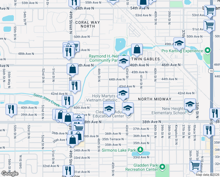 map of restaurants, bars, coffee shops, grocery stores, and more near 4570 42nd Avenue North in St. Petersburg