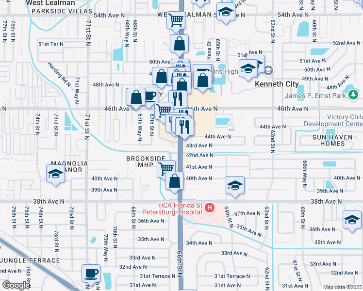 map of restaurants, bars, coffee shops, grocery stores, and more near 66th St N & 43rd Ave N in Kenneth City