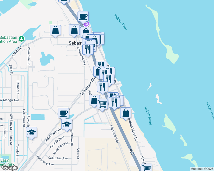 map of restaurants, bars, coffee shops, grocery stores, and more near 731 Cleveland Street in Sebastian