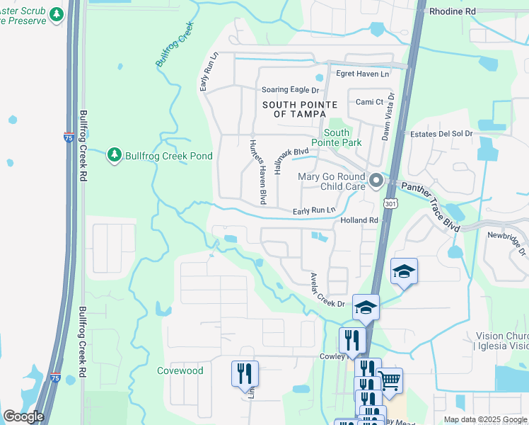 map of restaurants, bars, coffee shops, grocery stores, and more near 12730 Early Run Lane in Riverview