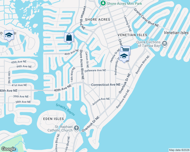 map of restaurants, bars, coffee shops, grocery stores, and more near 1558 Delaware Avenue Northeast in St. Petersburg