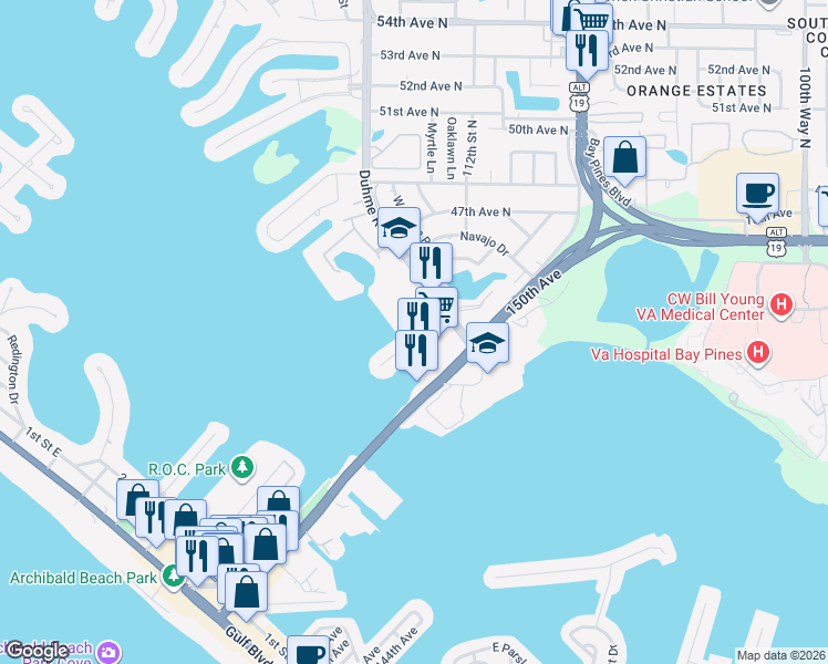 map of restaurants, bars, coffee shops, grocery stores, and more near 670 American Legion Drive in Madeira Beach