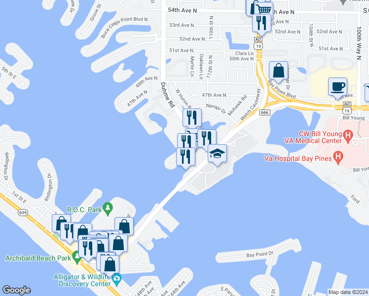 map of restaurants, bars, coffee shops, grocery stores, and more near 670 American Legion Drive in Madeira Beach