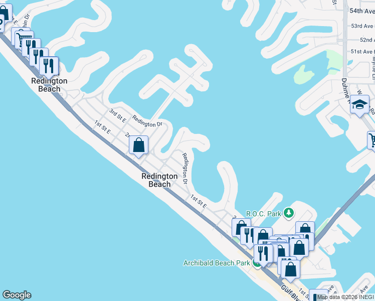 map of restaurants, bars, coffee shops, grocery stores, and more near 15825 Redington Drive in Redington Beach