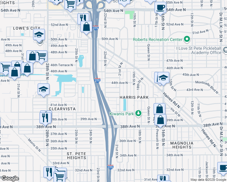 map of restaurants, bars, coffee shops, grocery stores, and more near 2133 43rd Avenue North in St. Petersburg
