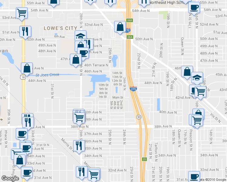 map of restaurants, bars, coffee shops, grocery stores, and more near 4000 24th Street North in St. Petersburg