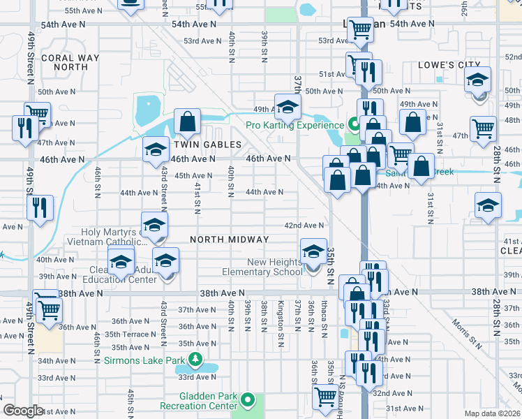 map of restaurants, bars, coffee shops, grocery stores, and more near 3819 43rd Terrace North in St. Petersburg