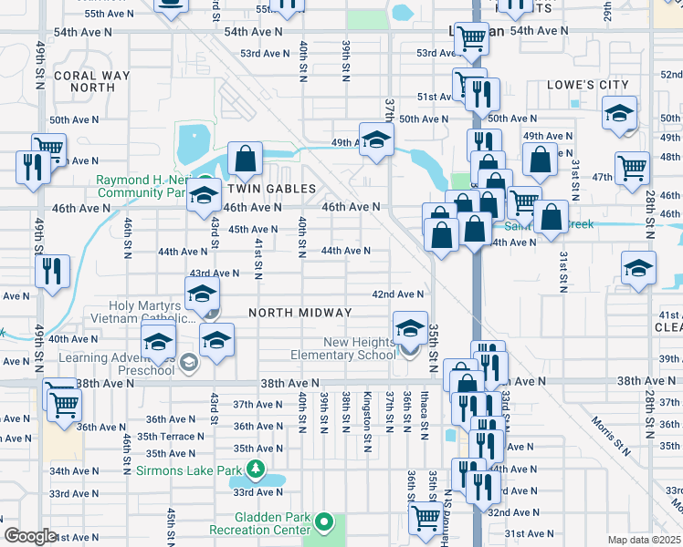 map of restaurants, bars, coffee shops, grocery stores, and more near 3819 43rd Terrace North in St. Petersburg