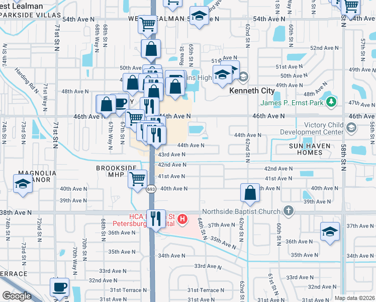 map of restaurants, bars, coffee shops, grocery stores, and more near 6429 44th Avenue North in Kenneth City