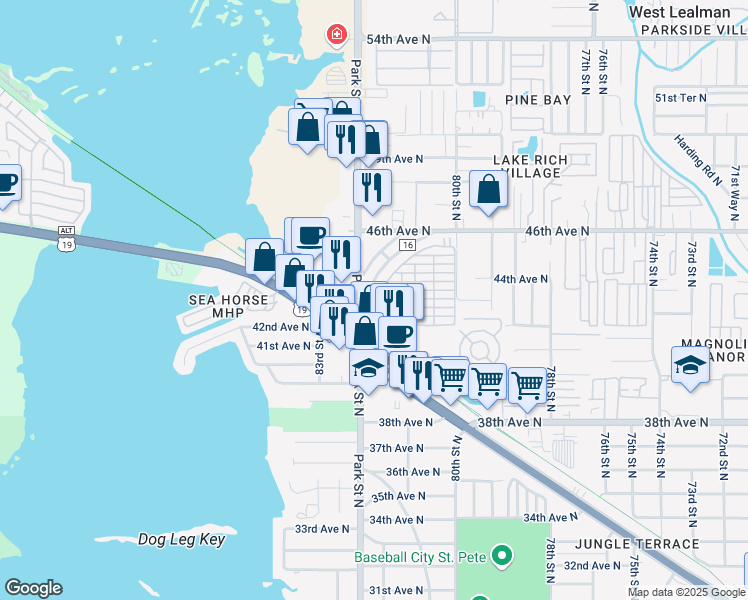 map of restaurants, bars, coffee shops, grocery stores, and more near 4131 Park Street North in St. Petersburg