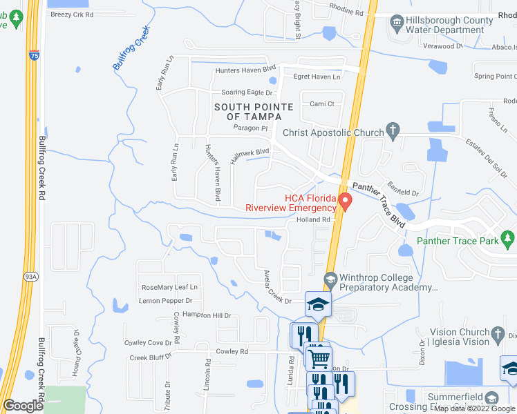 map of restaurants, bars, coffee shops, grocery stores, and more near 12614 Midpointe Drive in Riverview