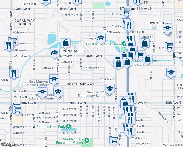 map of restaurants, bars, coffee shops, grocery stores, and more near 3819 43rd Terrace North in St. Petersburg