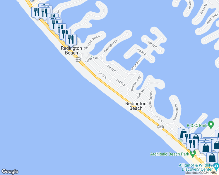 map of restaurants, bars, coffee shops, grocery stores, and more near Gulf Boulevard in Redington Beach