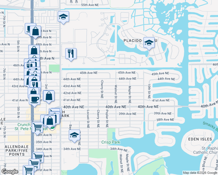 map of restaurants, bars, coffee shops, grocery stores, and more near 593 43rd Avenue Northeast in St. Petersburg