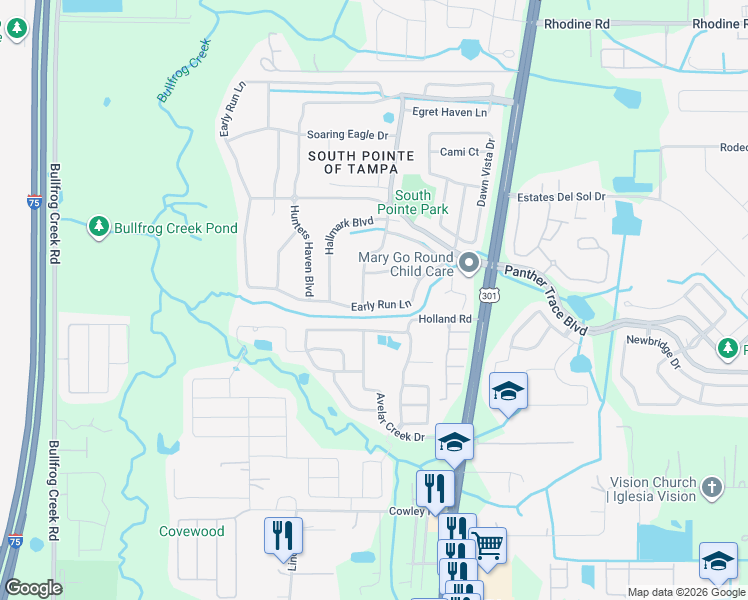 map of restaurants, bars, coffee shops, grocery stores, and more near 12635 Early Run Lane in Riverview