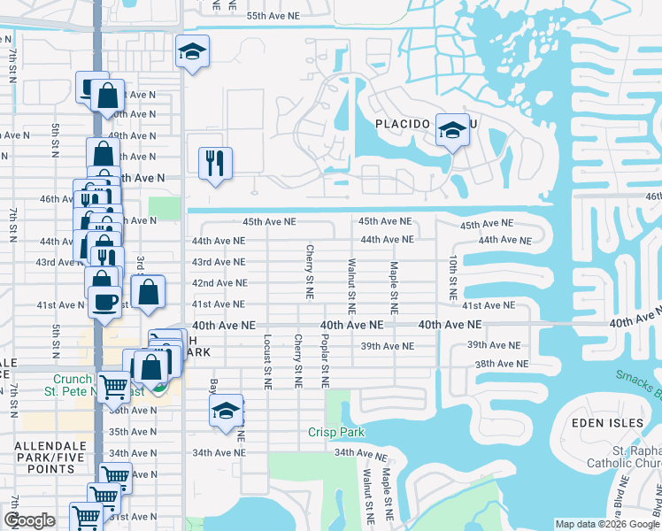 map of restaurants, bars, coffee shops, grocery stores, and more near 593 43rd Avenue Northeast in St. Petersburg