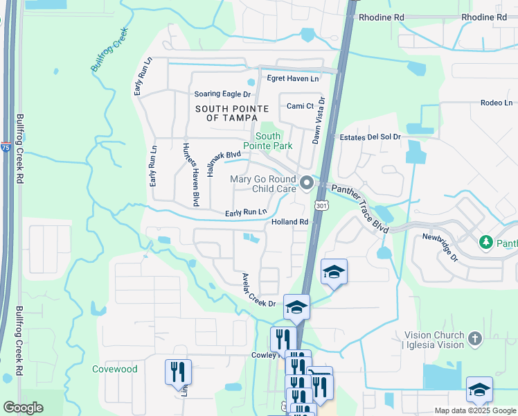 map of restaurants, bars, coffee shops, grocery stores, and more near 12621 Early Run Lane in Riverview