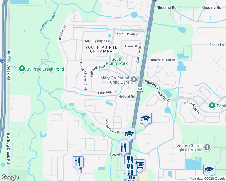 map of restaurants, bars, coffee shops, grocery stores, and more near 12621 Early Run Lane in Riverview