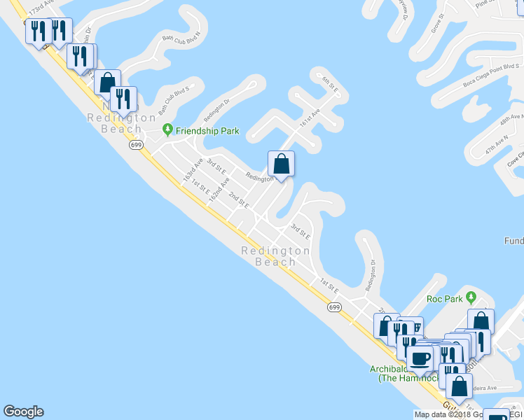 map of restaurants, bars, coffee shops, grocery stores, and more near 204 160th Avenue in Redington Beach