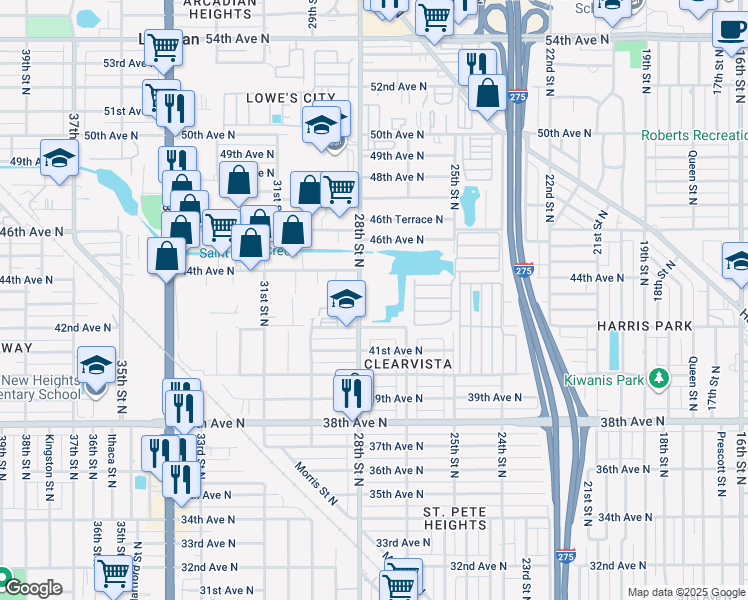 map of restaurants, bars, coffee shops, grocery stores, and more near 4301 28th Street North in St. Petersburg