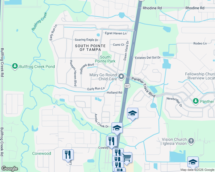map of restaurants, bars, coffee shops, grocery stores, and more near 12605 Early Run Lane in Riverview
