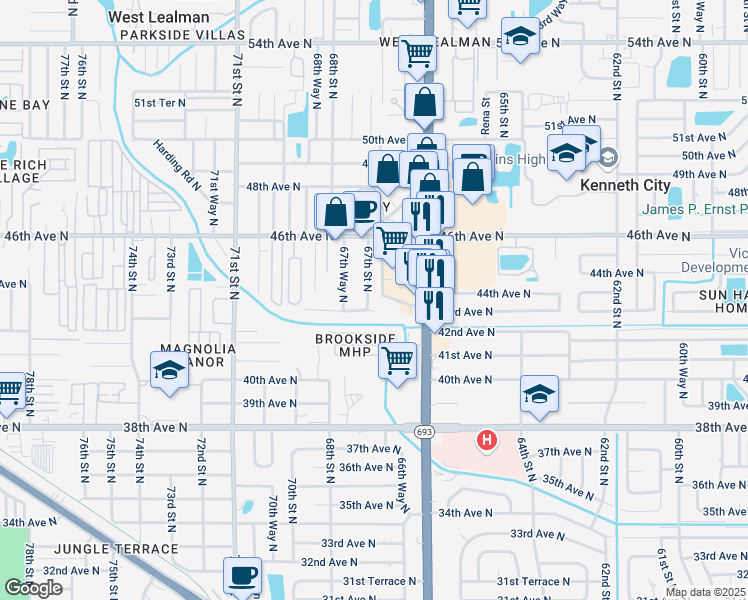 map of restaurants, bars, coffee shops, grocery stores, and more near 4301 67th Street North in St. Petersburg