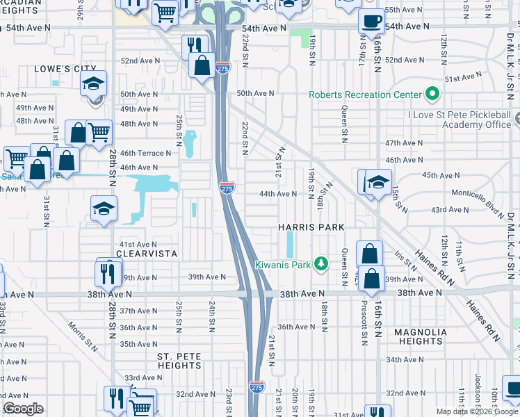 map of restaurants, bars, coffee shops, grocery stores, and more near 2131 43rd Terrace North in St. Petersburg