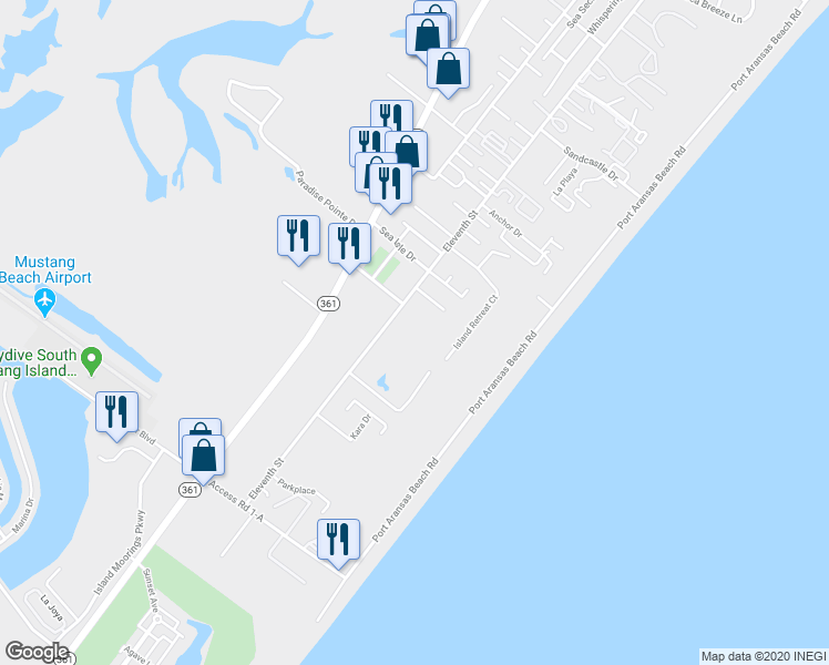 map of restaurants, bars, coffee shops, grocery stores, and more near 2525 South 11th Street in Port Aransas
