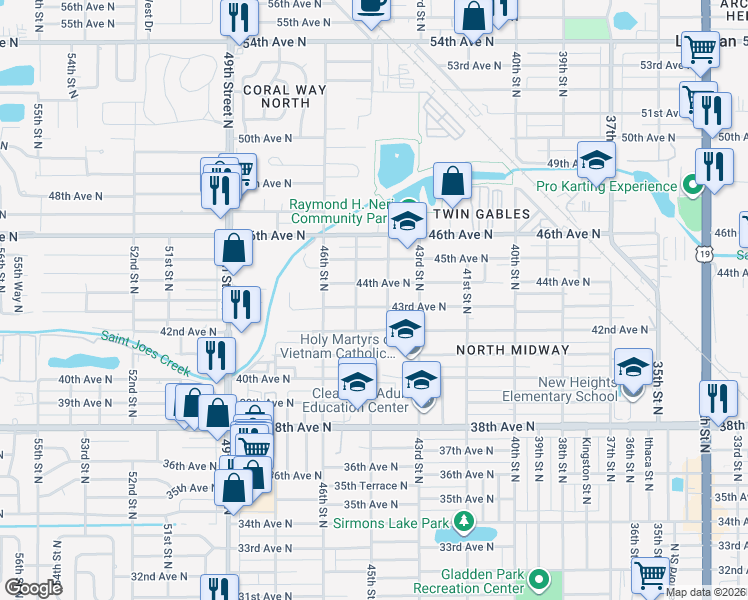 map of restaurants, bars, coffee shops, grocery stores, and more near 4417 43rd Avenue North in Saint Petersburg